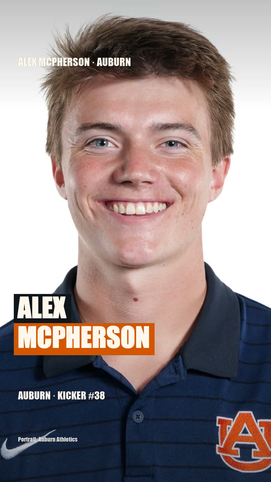 Portrait of Alex McPherson of Auburn, from Fort Payne, Alabama.