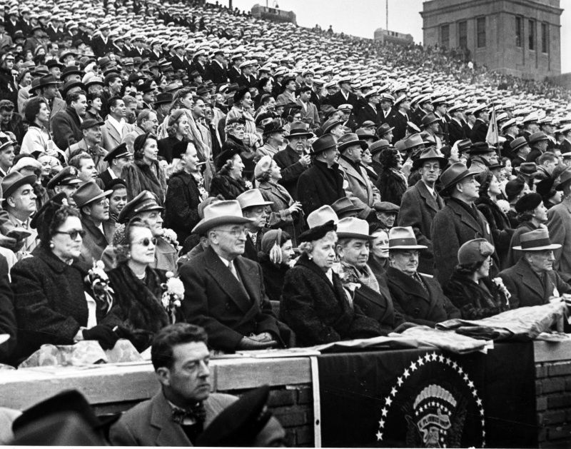 Harry Truman, Bess Truman, Charlie Ross, and others at Army-Navy Game in Philadelphia