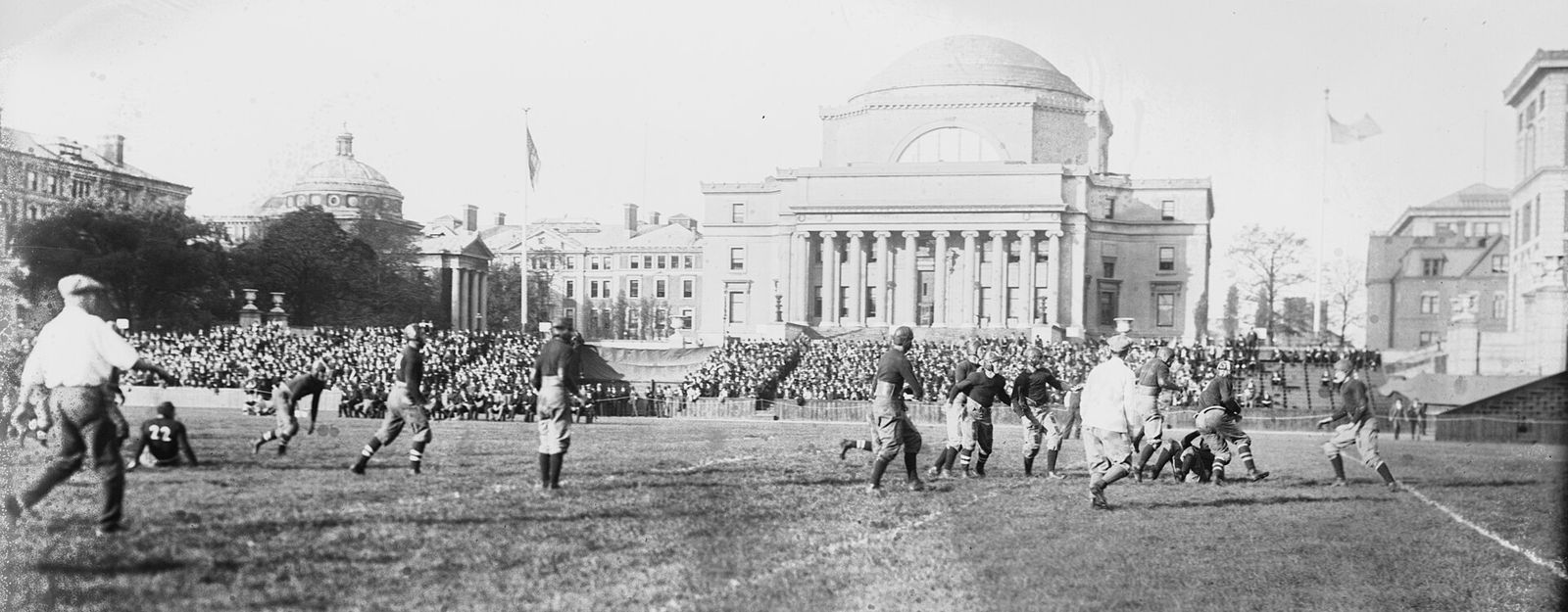 Columbia University versus Amherst College football game on October 1, 1921 at Columbia University with the Low Memorial Library in the background.