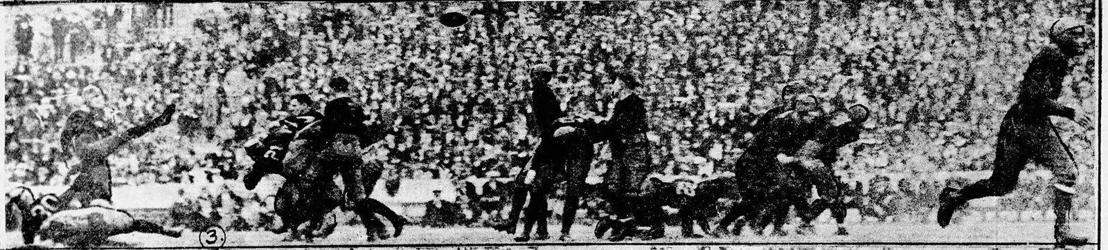 Caption text says "...Scrappy Moore kicking his game-winning goal from the 32-yard line in the closing moments of the game."