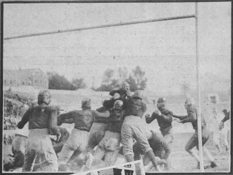 The Oglethorpe Stormy Petrels hold the Georgia Tech Golden Tornado on the two-foot line during their 1925 game.