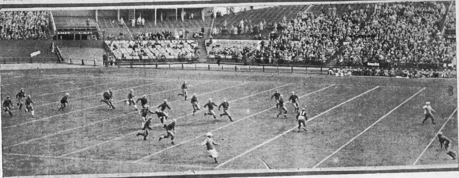 The kick-off for the Georgia Tech Golden Tornado vs. Penn State Nittany Lions football game at Yankee Stadium in 1925