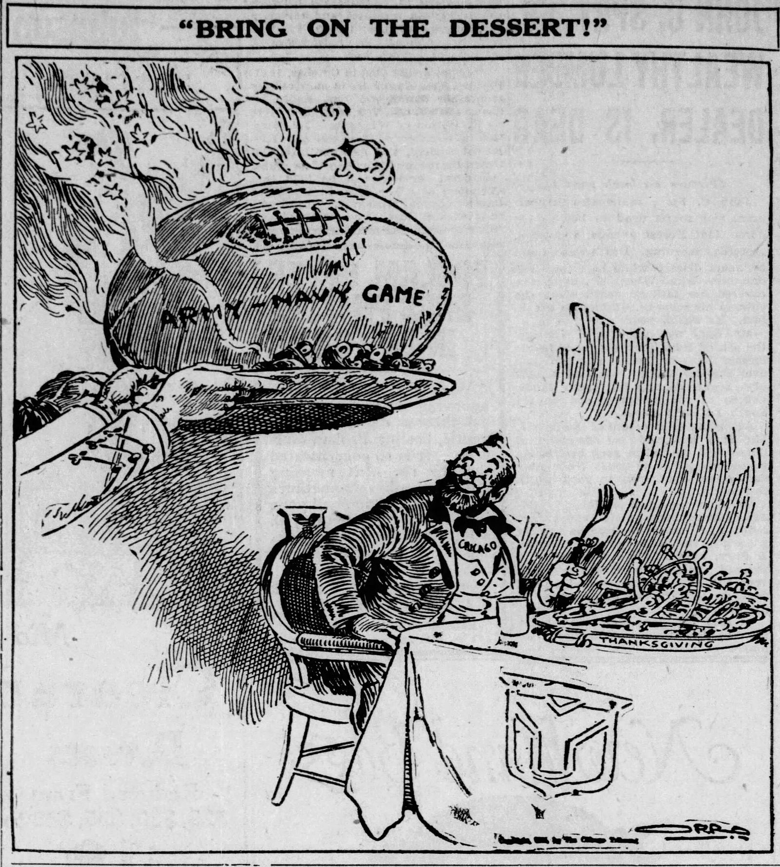 "Bring on the Desert" Chicago Tribune cartoon about the Army-Navy Game being held in Chicago (published November 26, 1926)