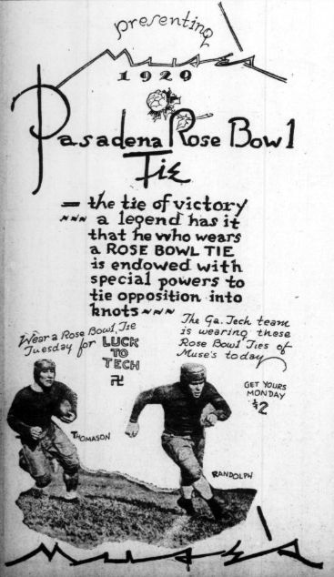 Advertisement by Muse's, an Atlanta-based department store, featuring Georgia Tech football players competing in the 1929 Rose Bowl