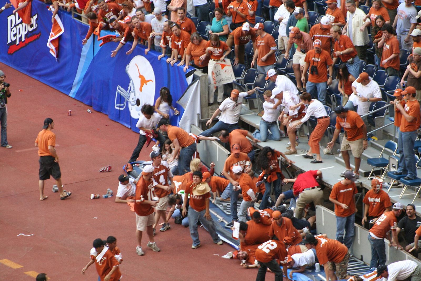 A railing collapsed after the end of the Big 12 Championship Game, causing minor injuries to fans. Austin Texas, 2005.