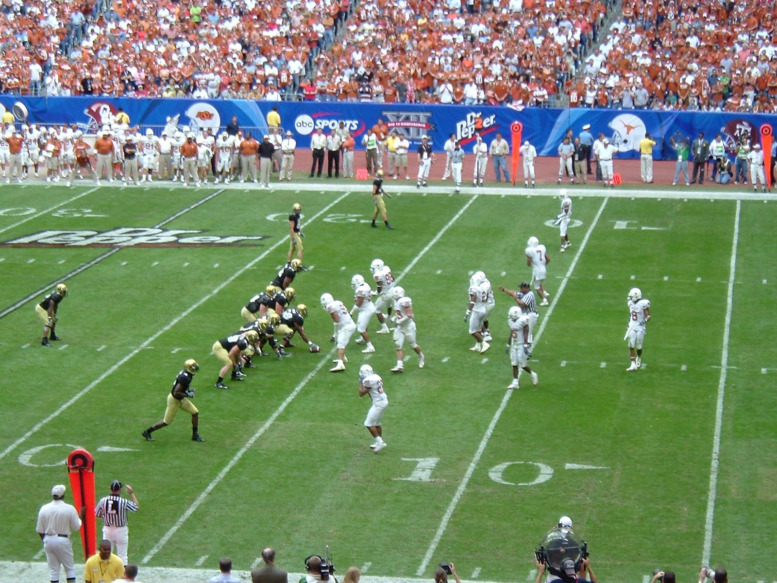 The 2005 Texas Longhorn football team lines up on defense against the Colorado Buffaloes.