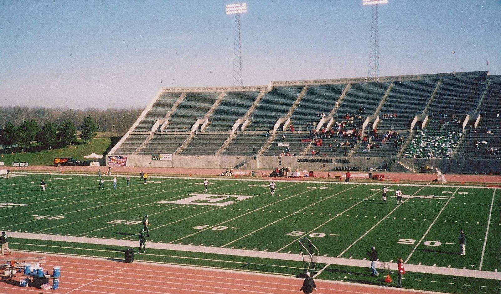 The teams warming up before the Northern Illinois Huskies vs. Eastern Michigan Eagles football game at Rynearson Stadium in Ypsilanti, Michigan (United States).