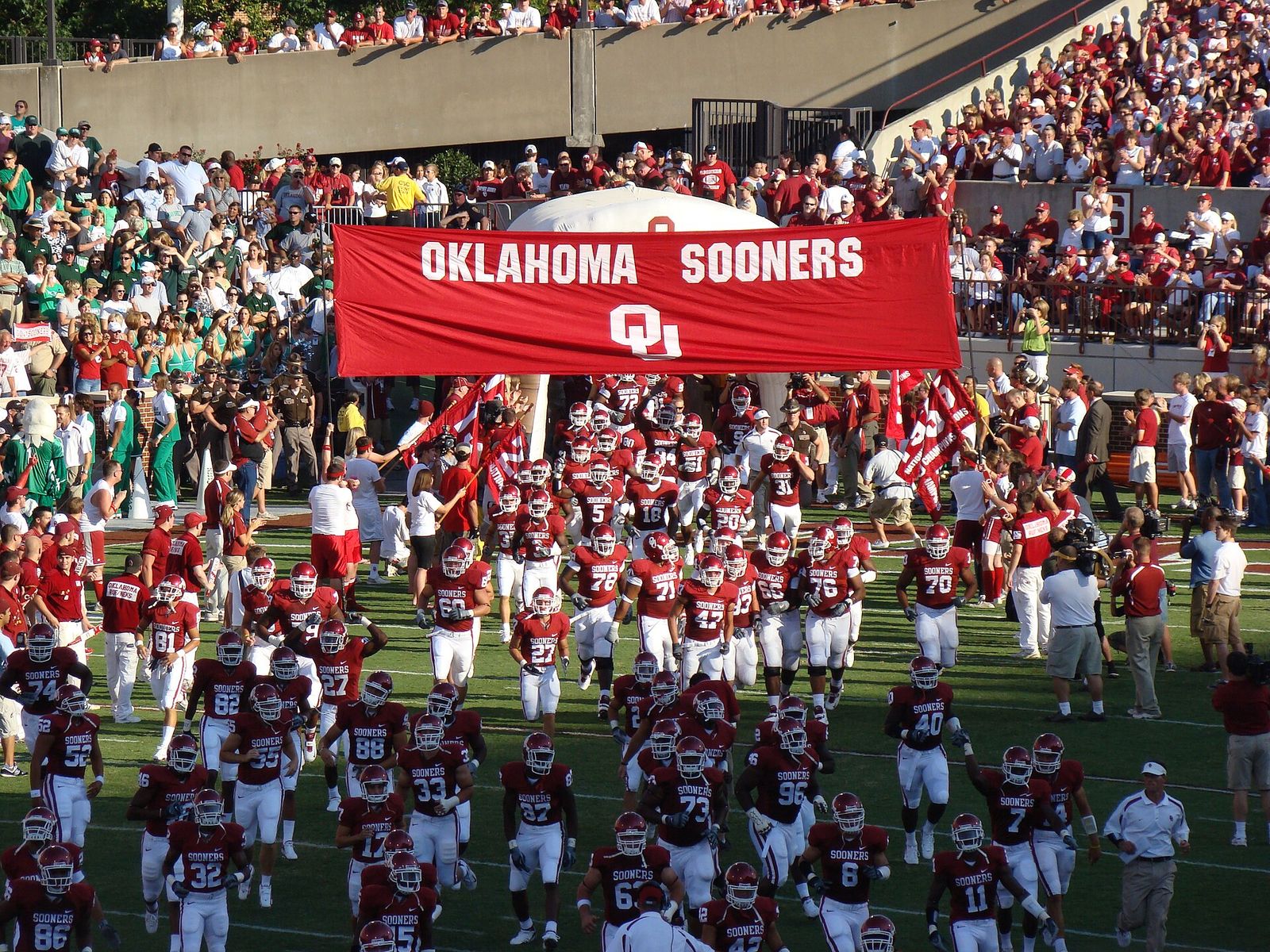 The Oklahoma Sooners football team enters the field for the first home game of the season against the North Texas Mean Green on September 1, 2007.