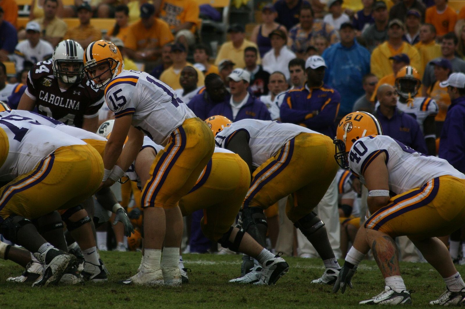 University of South Carolina playing football against Matt Flynn (#15) and Louisiana State University.
