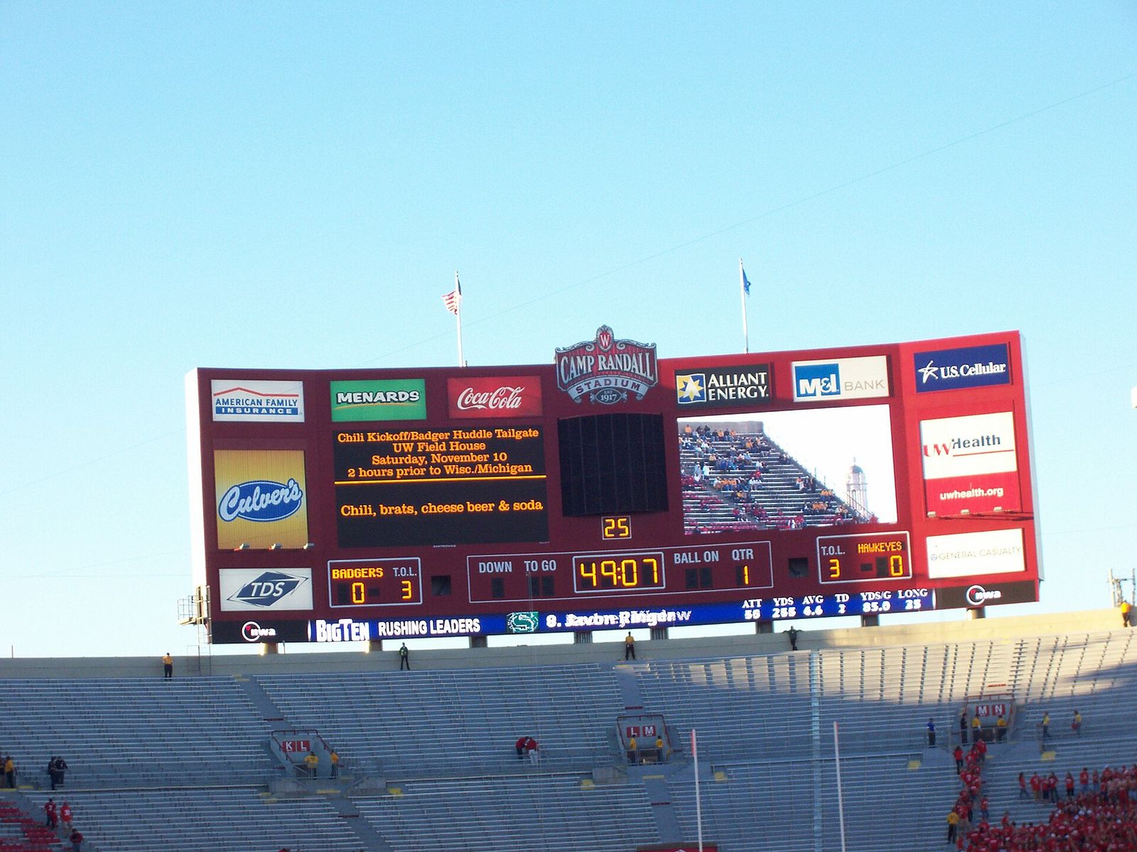 Scoreboard at Camp Randall Stadium The game was nationally televised on ABC.
