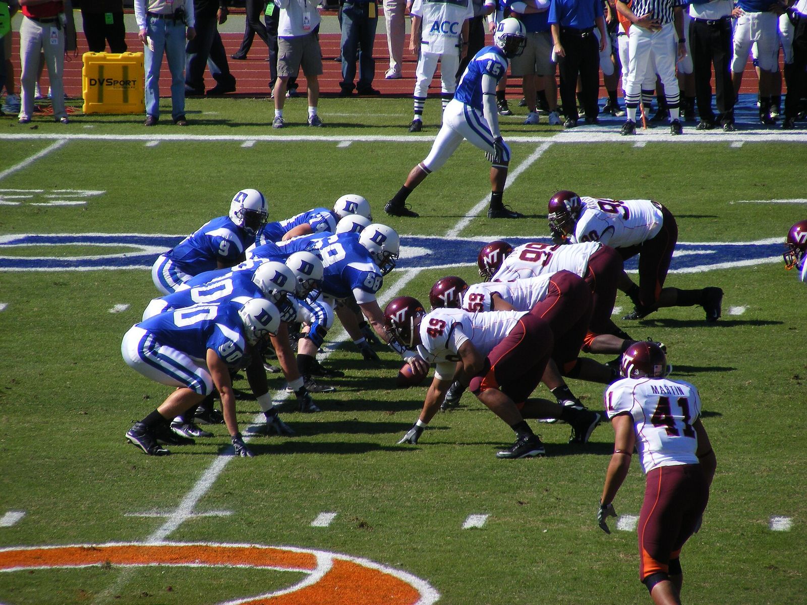 The Duke University Blue Devils at the line of scrimmage against the 2007 Virginia Tech Hokies football team