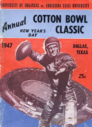 The program given to attendees of the 1947 Cotton Bowl football game between the University of Arkansas and Louisiana State University.