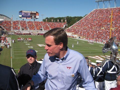 <<img />> Mark Warner in the crowd at the Virginia Tech football game on October 4.