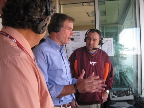 <<img />> Mark Warner talks to Hokie Radio during the Virginia Tech homecoming game on October 4.