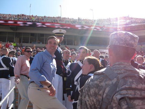 <<img />> Mark Warner says hello to the cadets at Virginia Tech during their homecoming game on October 4, 2008.