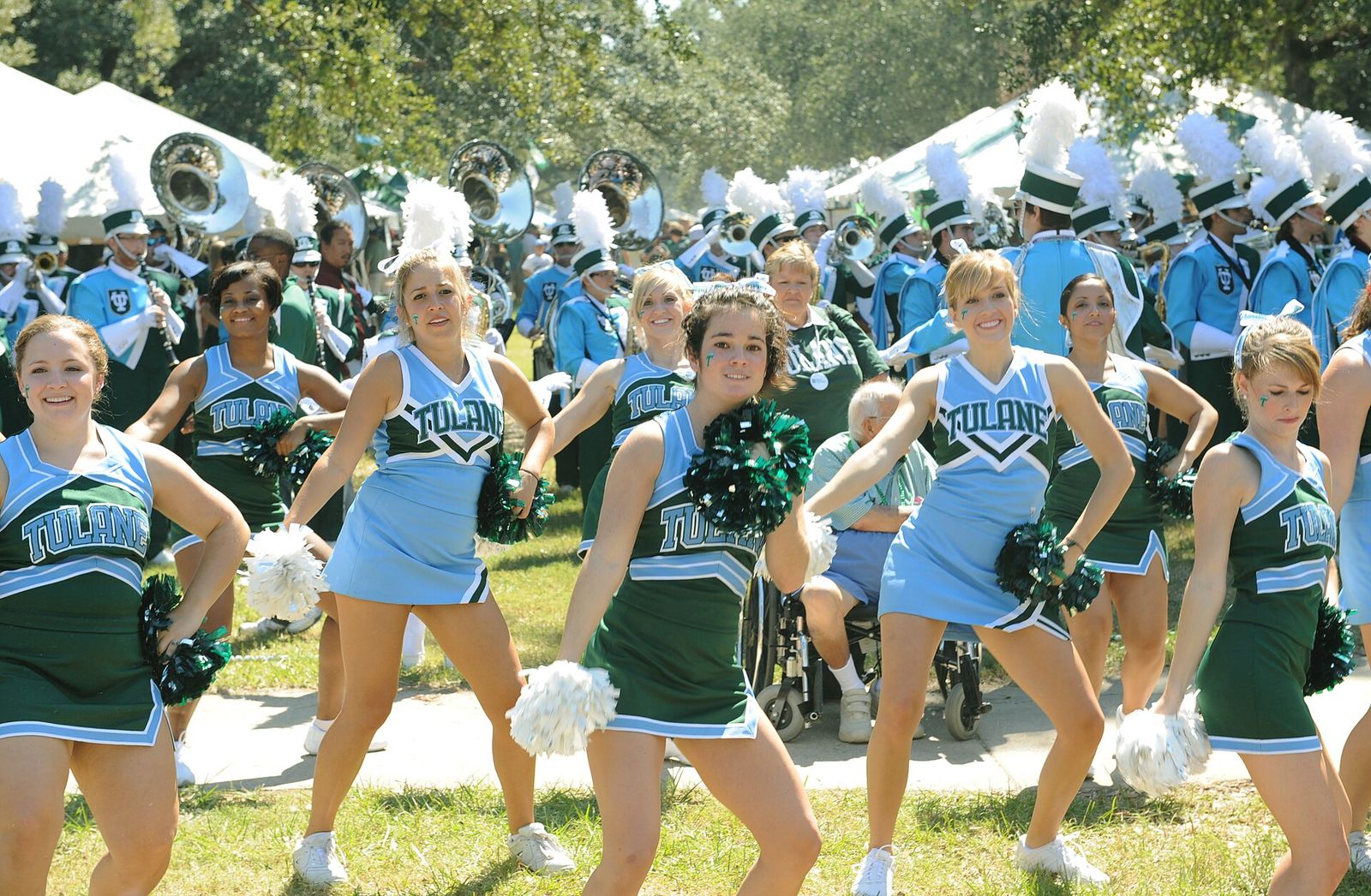 Cheerleaders and Marching Band at Homecoming