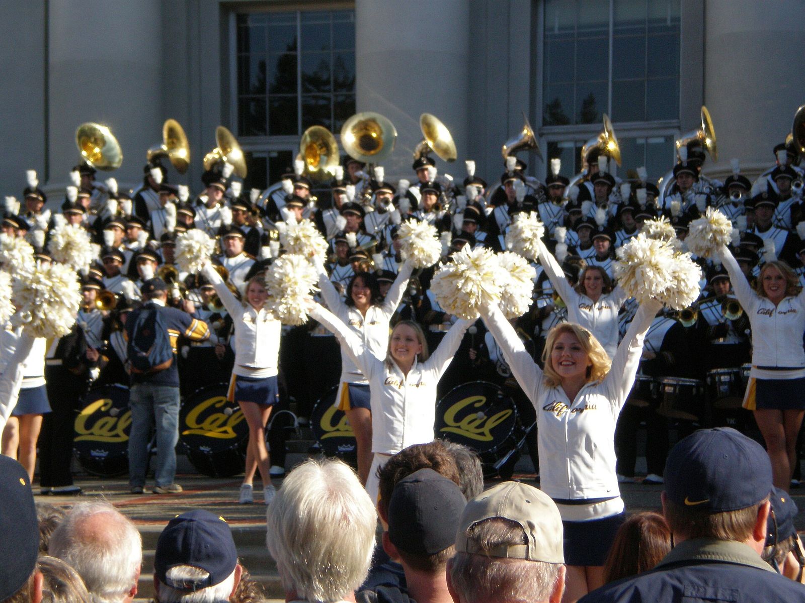The University of California Marching Band and California Dance Team performing in front of Sproul Hall during the pregame rally for the 2008 Big Game.