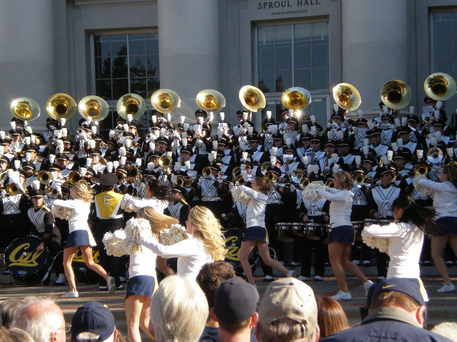 The University of California Marching Band and California Dance Team performing in front of Sproul Hall during the pregame rally for the 2008 Big Game.