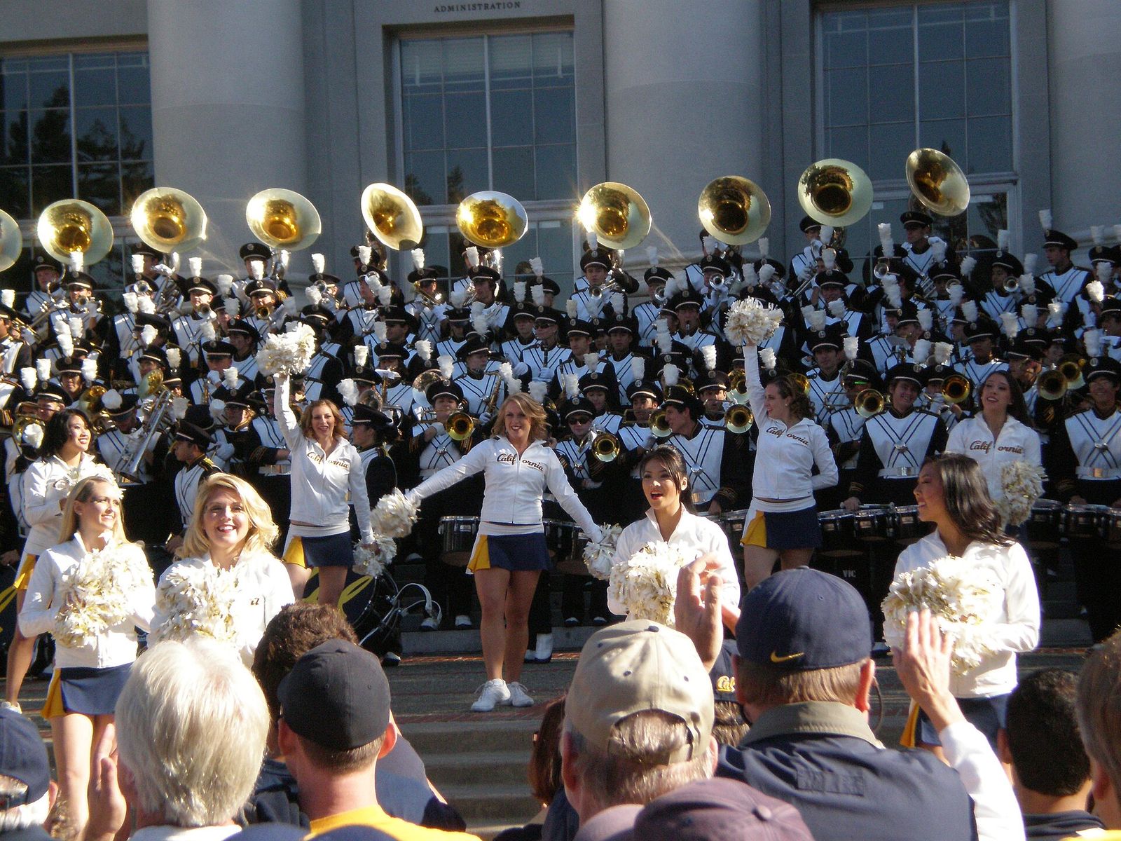The University of California Marching Band and California Dance Team performing in front of Sproul Hall during the pregame rally for the 2008 Big Game.