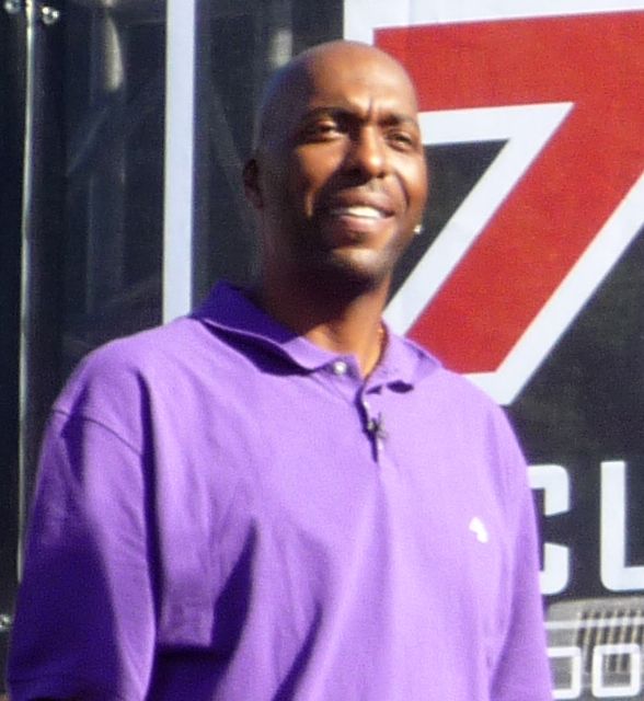 John Salley sports journalist, advertising on behalf of an electric shaver in the pre-game booths outside the 2008 USC-UCLA college football game.
