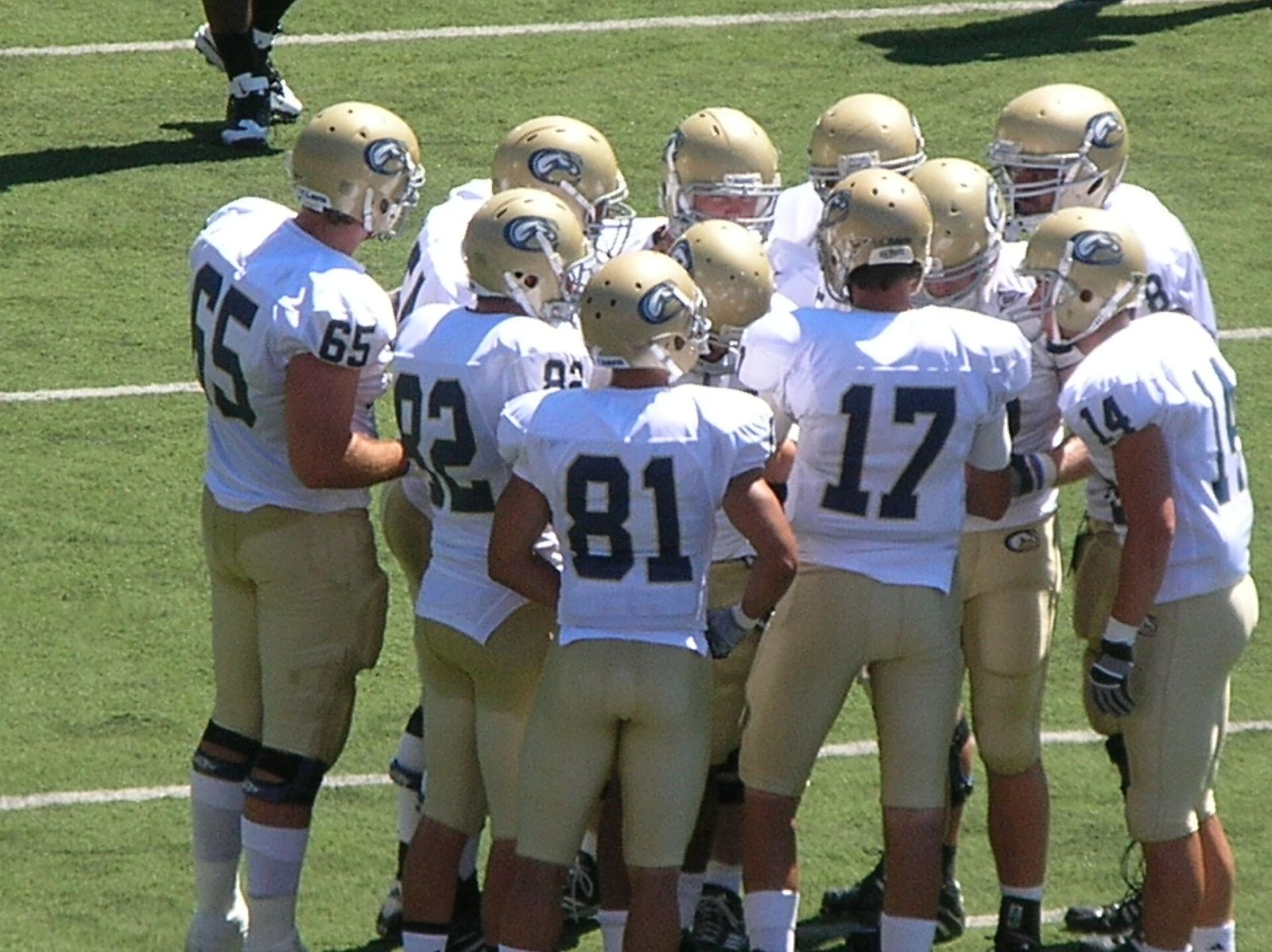 The UC Davis Aggies in a huddle during a road game against the California Golden Bears. The Golden Bears won 52-3.