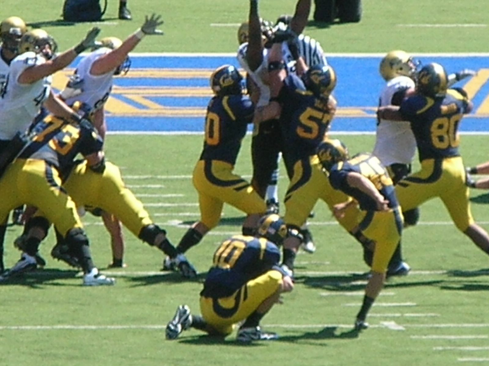 Cal kicks a field goal during a home game against the Colorado Buffaloes. The Golden Bears won 52-7.