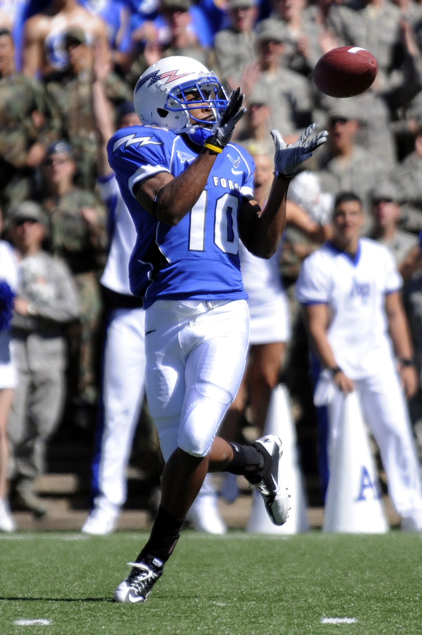 Falcons wide receiver Mikel Hunter pulls in a pass for a touchdown during the Air Force-BYU game at Falcon Stadium. The Falcons won 35-14.