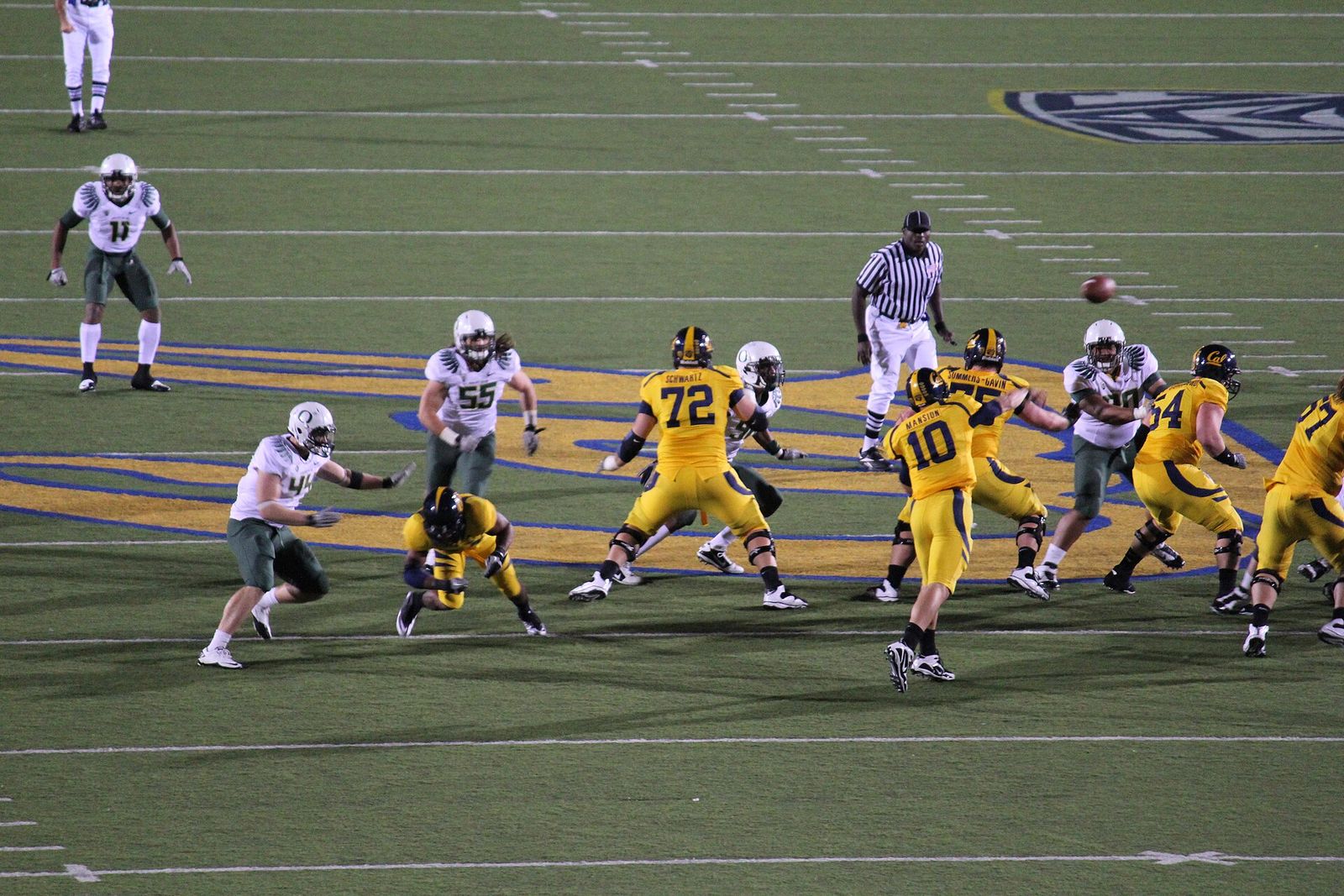 Cal on offense during a home game against Oregon. The Ducks won 15-13.