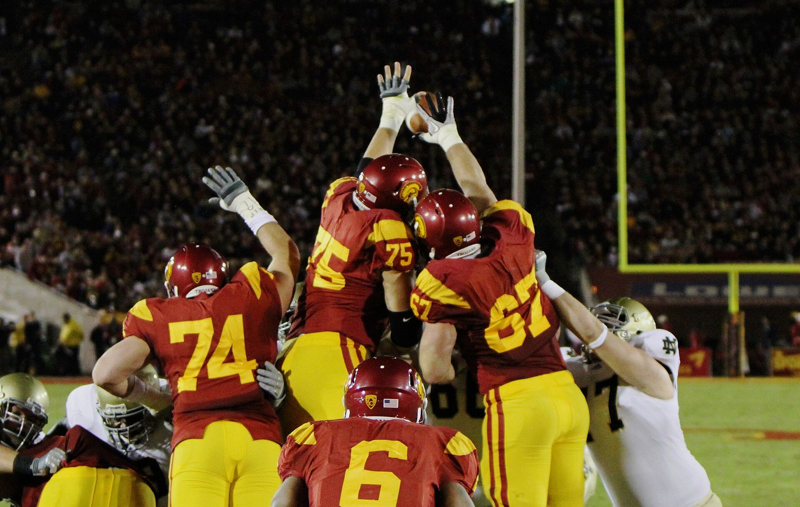 USC Trojans left tackle's Matt Kalil blocking an extra point attempt during the 2010 match against the Notre Dame Fighting Irish