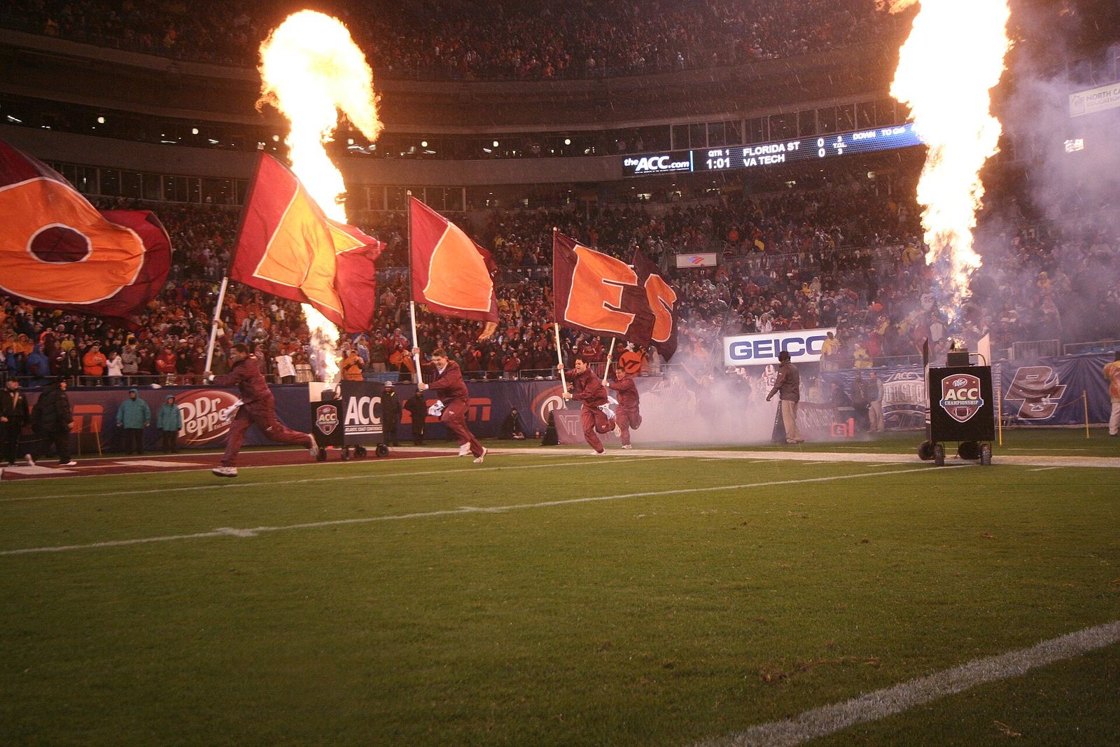 Virginia Tech runs onto the field for the 2010 ACC Championship game against Florida State.