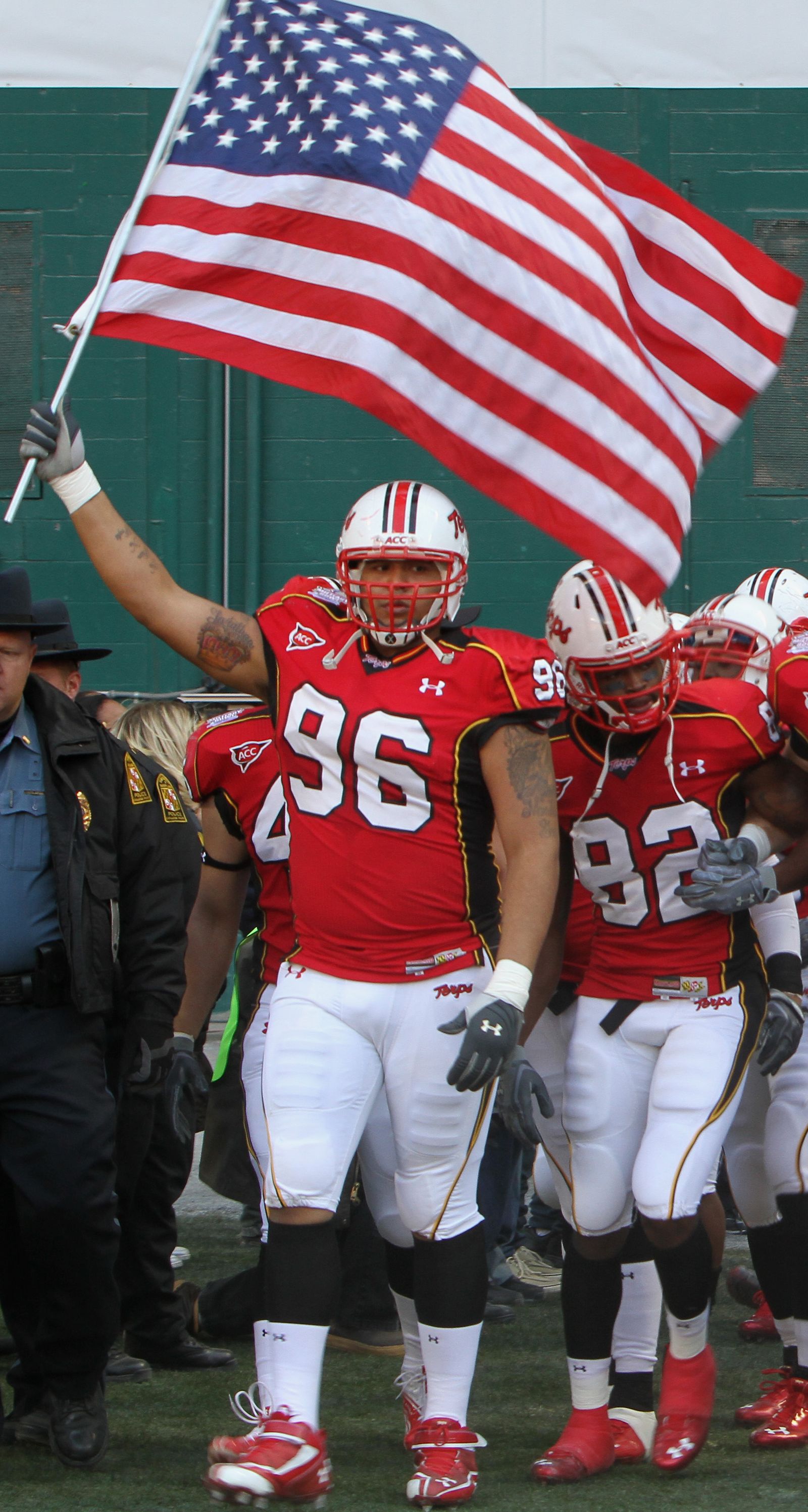 A. J. Francis of the University of Maryland Terrapins entering the field for the 3rd annual Military Bowl game against East Carolina University