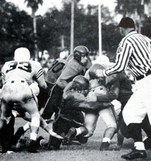 Clemson's defense stops a Miami runner in the 1952 Gator Bowl