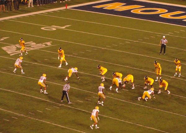 The West Virginia Mountaineers line up of offense against the LSU Tigers in the second quarter at Mountaineer Field in Morgantown, West Virginia, USA.