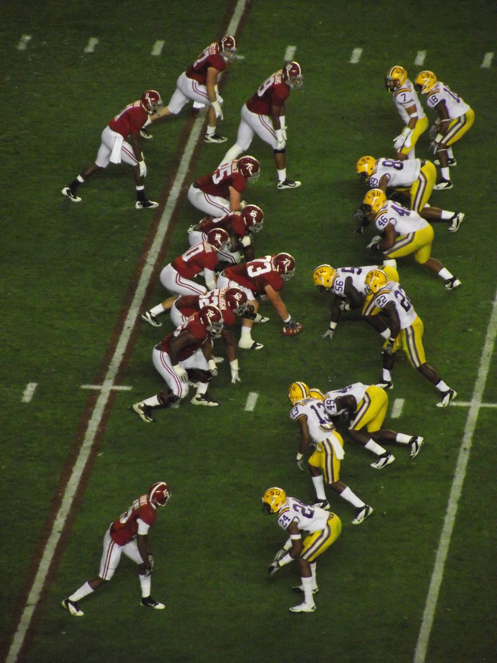 Alabama Crimson Tide line up on offense against the LSU Tigers at Bryant–Denny Stadium in Tuscaloosa, Alabama.