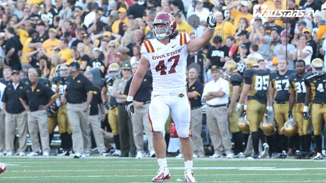 AJ Klein celebrates a Cyclone victory at Kinnick Stadium Photo by Reese Strickland