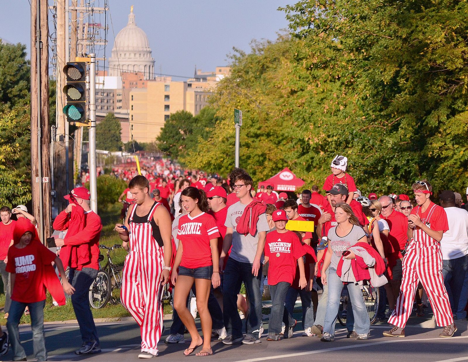Wisconsin Badgers football fans in Madison, Wisconsin heading toward Camp Randall Stadium for a game