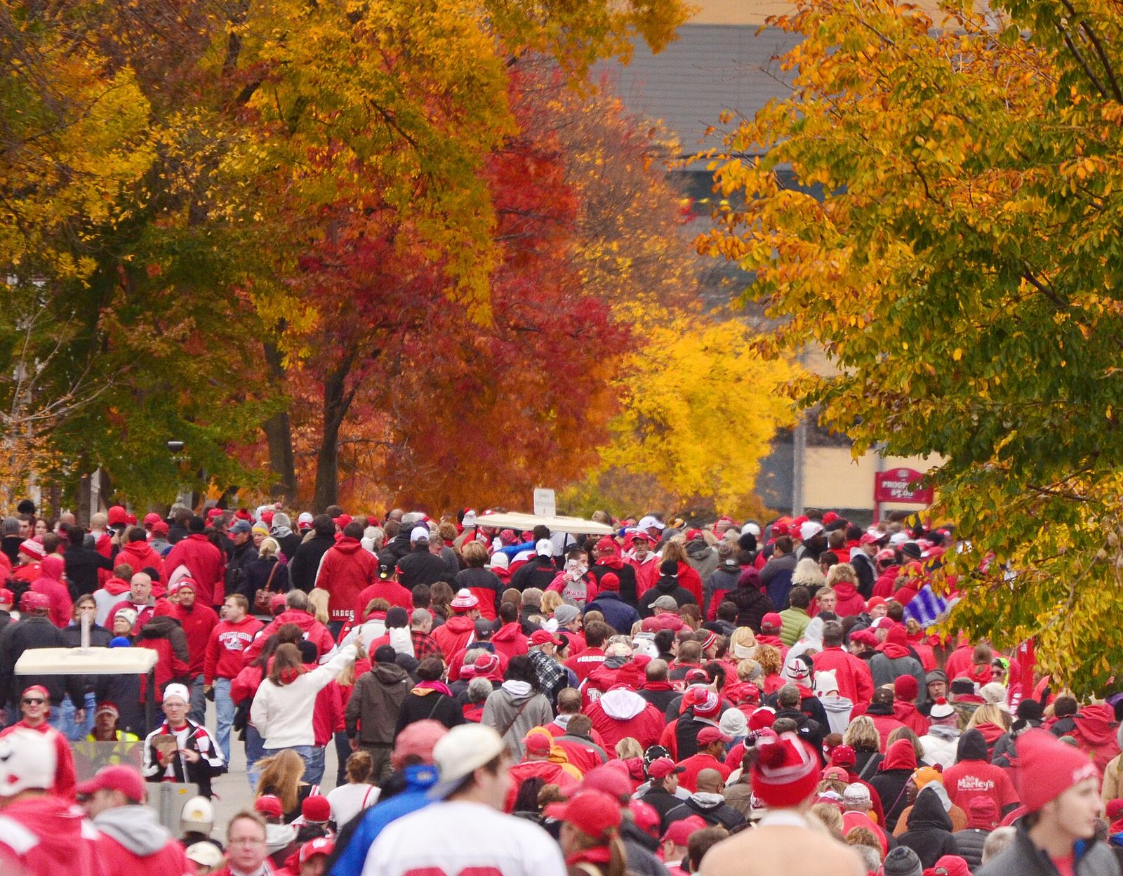 Wisconsin Badger football fans on Breese Terrace below Camp Randall Stadium prior to the start of a game against Illinois