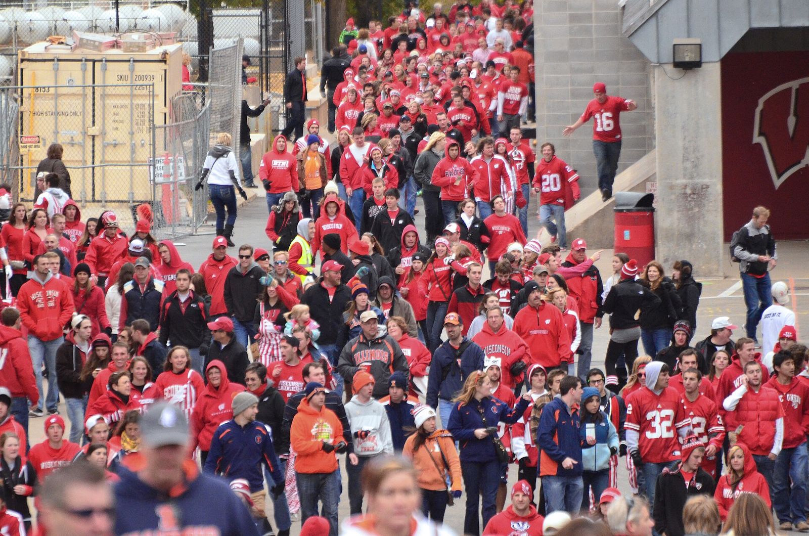 Wisconsin Badger football fans (and a few Illinois Illini fans) below Camp Randall Stadium in Madison shortly before the start of a game