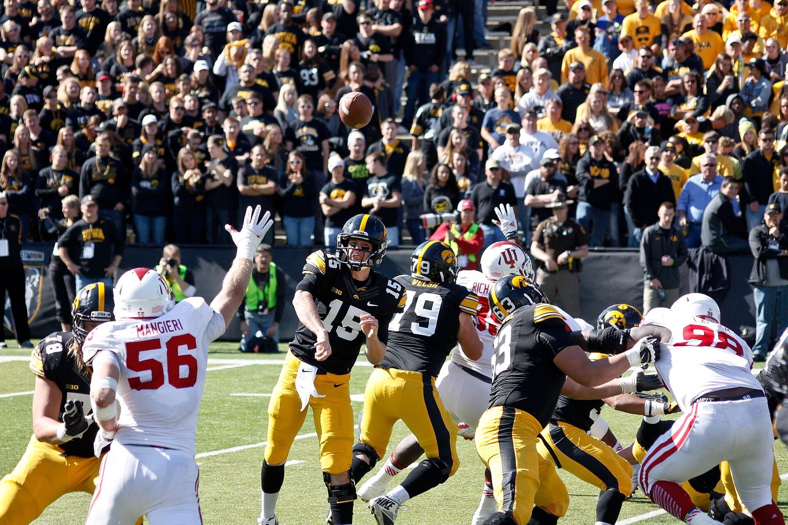 A pass heading right to me. Photos from the University of Iowa homecoming game on Saturday, October 11, 2014. The Hawkeyes beat the Indiana Hoosiers 45-29.