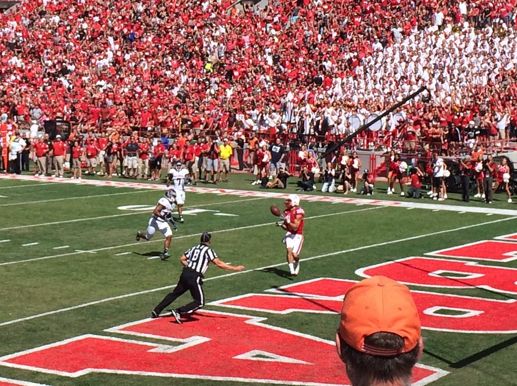 Jordan Westerkamp about to catch a touchdown pass during the first quarter of the Nebraska vs. Florida Atlantic game, August 30, 2014