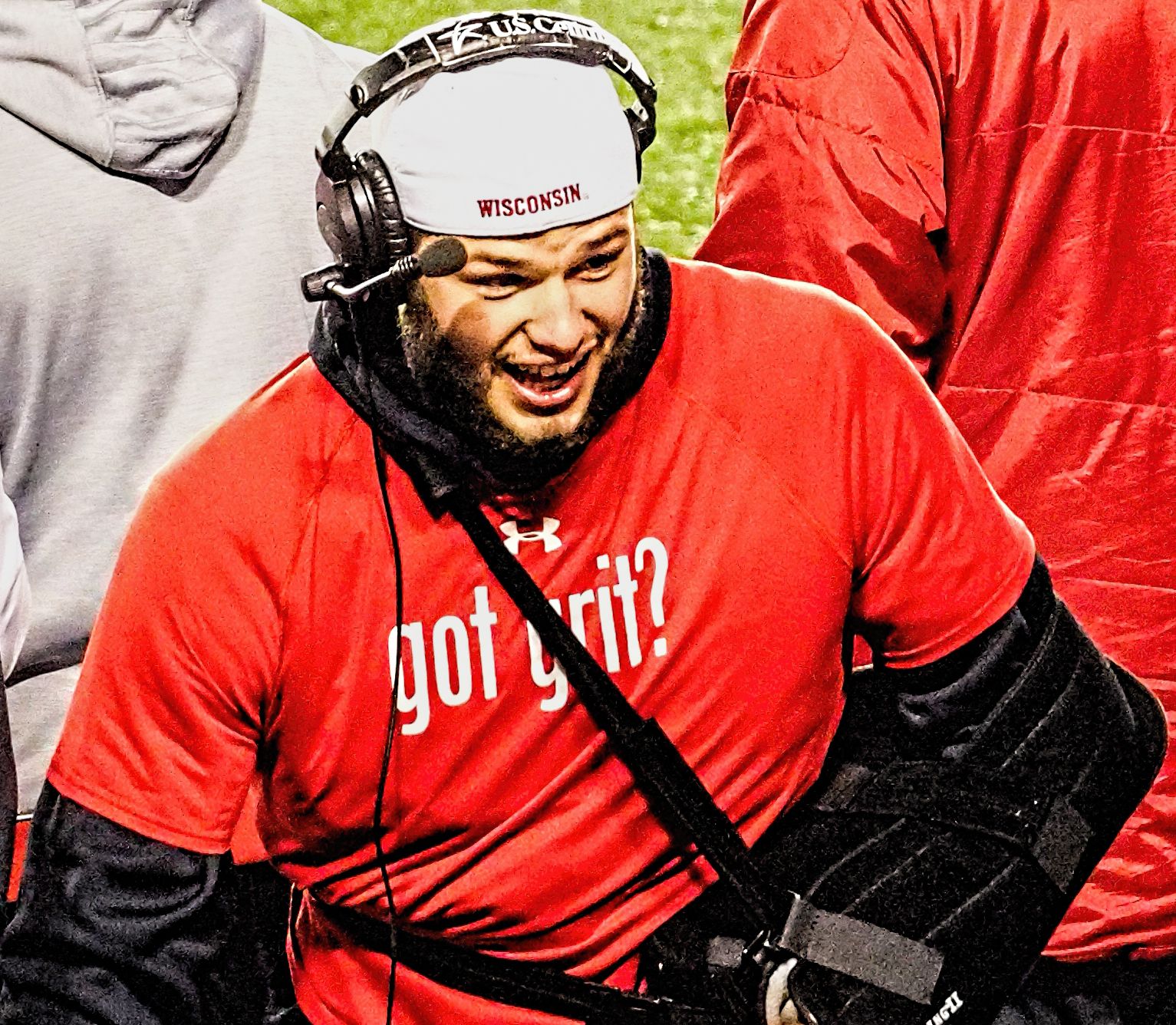 Chris Orr and Jack Cichy on the sideline during a Wisconsin Badgers football game at Camp Randall Stadium in 2016.
