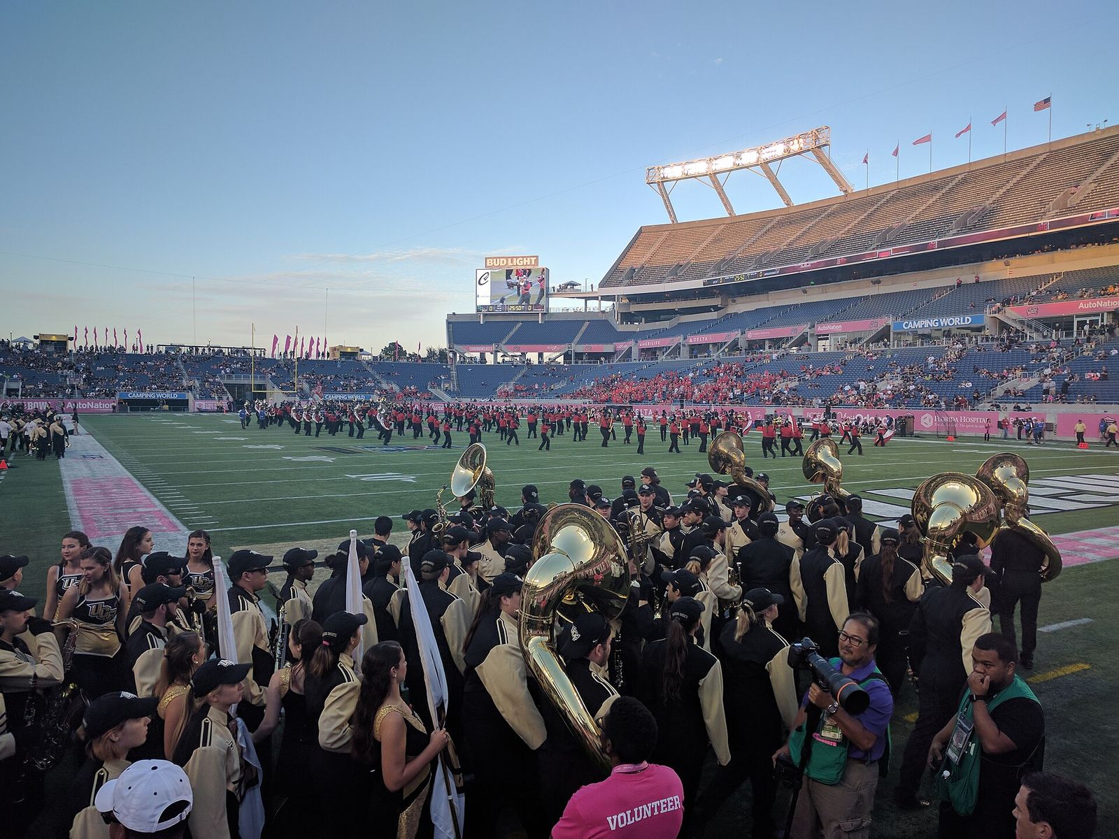 Arkansas State Band's pregame show, with UCF Band waiting on the sideline