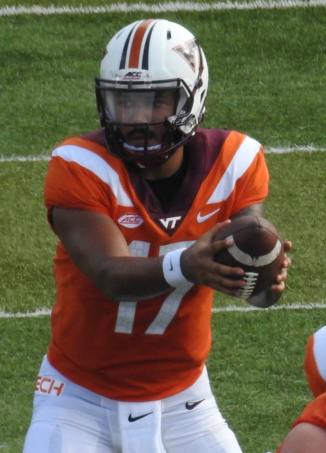 Josh Jackson looks to hand off the ball during Virginia Tech's 2018 game at Old Dominion University.
