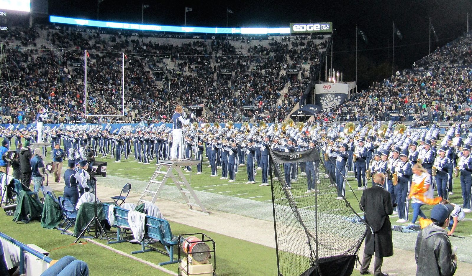 The BYU Marching Band performing during half-time of the Hawaii Rainbow Warriors vs. BYU Cougars football game.