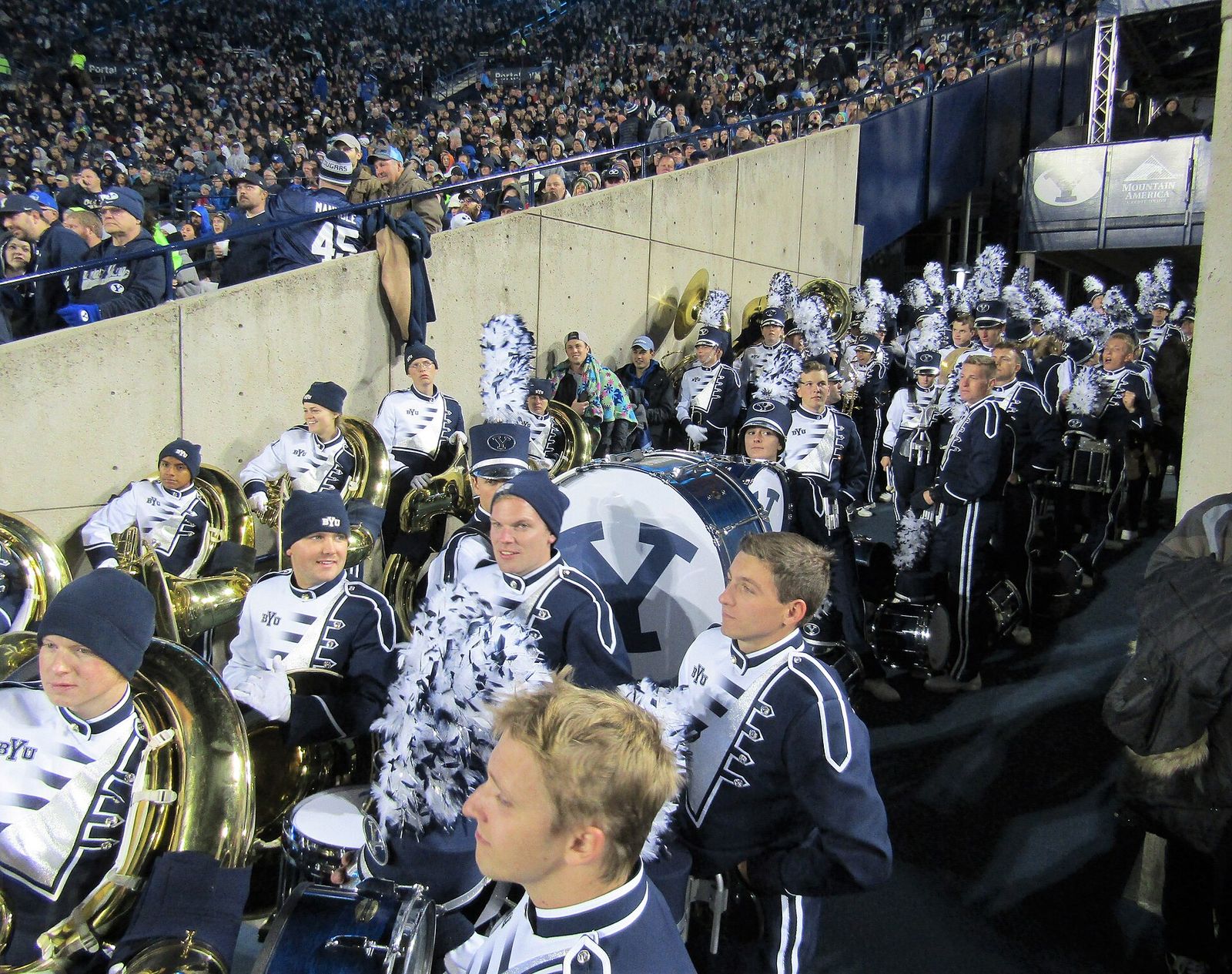 The BYU Marching Band preparing to perform during half-time of the Hawaii Rainbow Warriors vs. BYU Cougars football game.