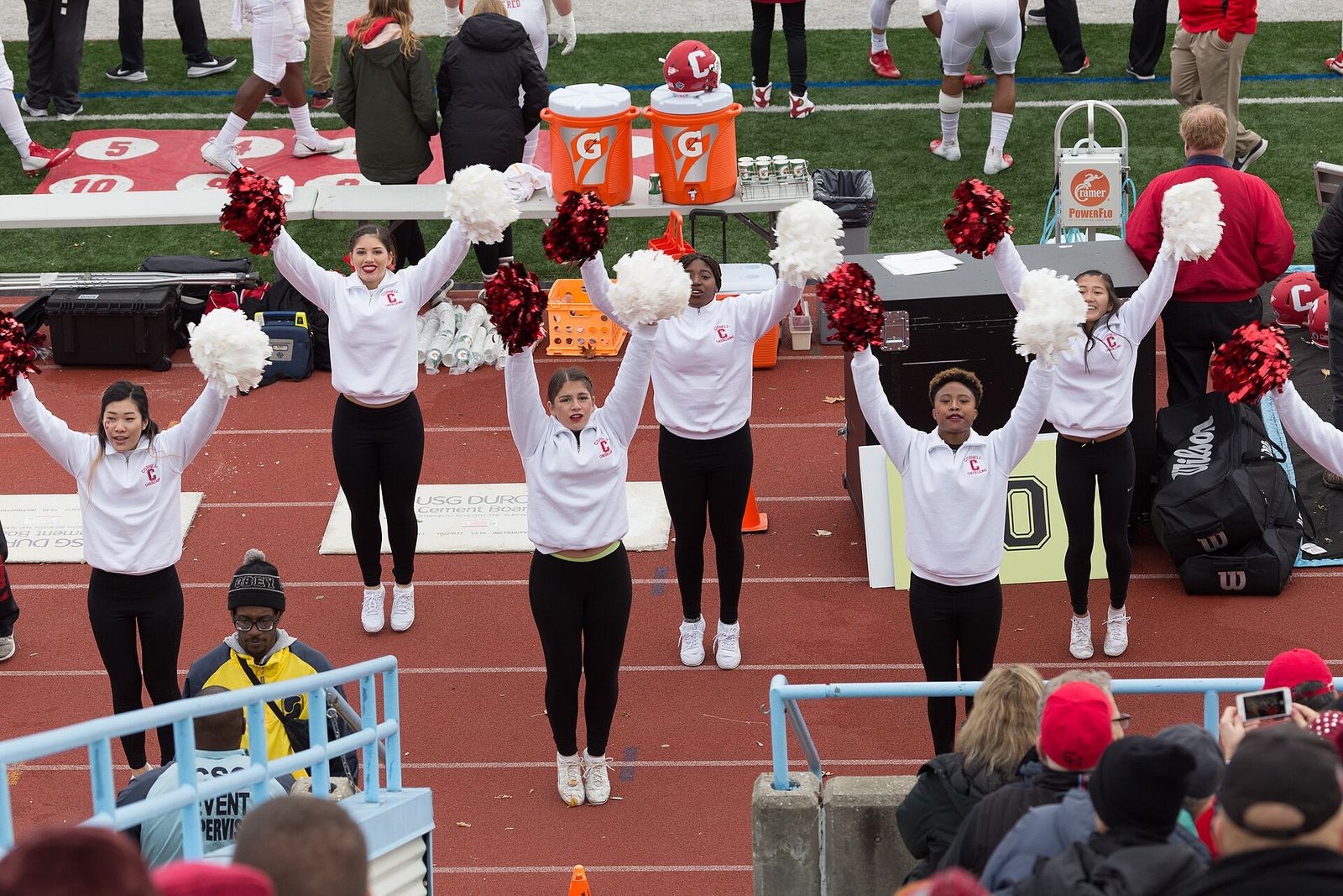 Cornell University cheerleaders at the Cornell vs Columbia football game. Wien Stadium, November 11, 2018