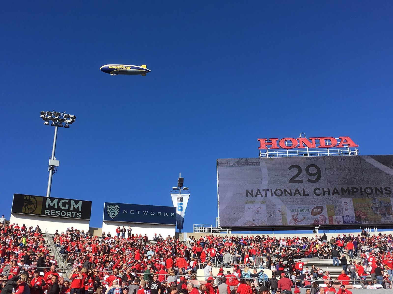 The Goodyear Blimp above the Rose Bowl in Pasadena, California on January 1, 2019. Photograph Taken before the game.