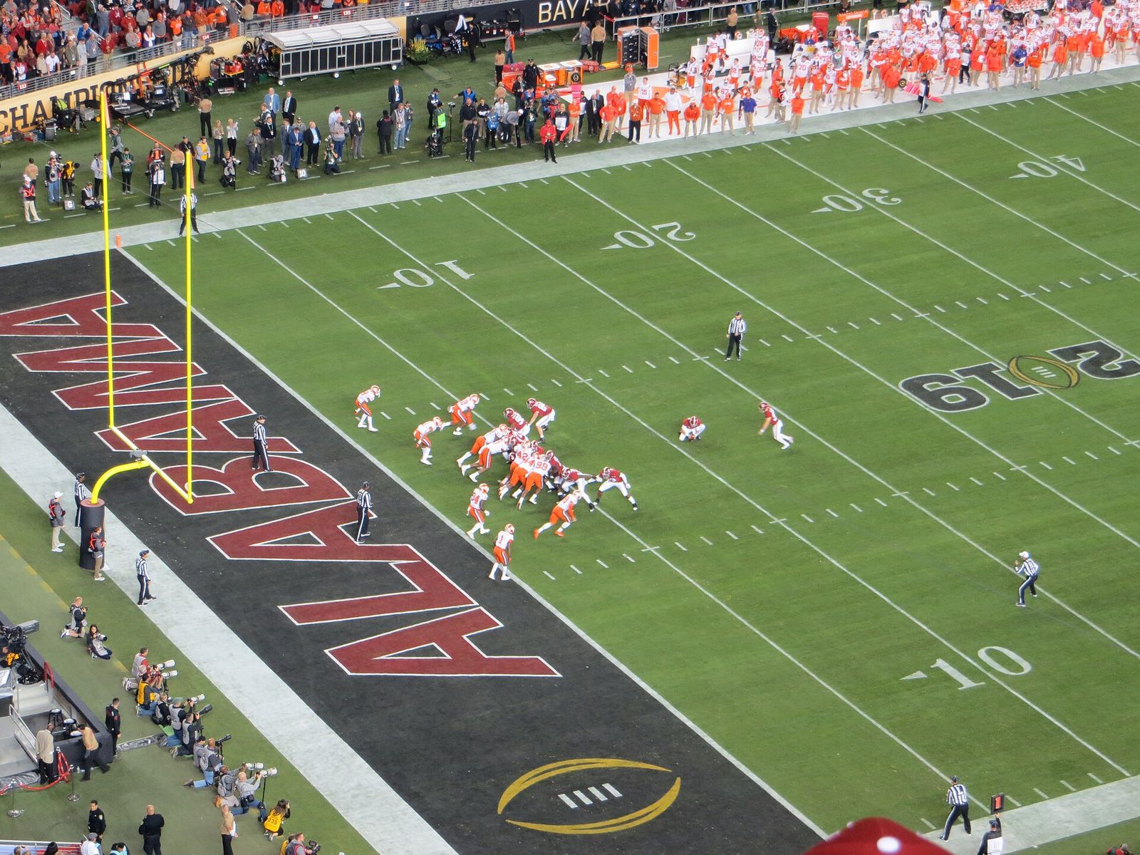 Alabama kicks an extra point after their first touchdown at the 2019 College Football Playoff National Championship.