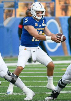 Quarterback Josh Love of San Jose State takes a snap vs San Diego State on 10/19/2019. Photo by Hammer Down Sports