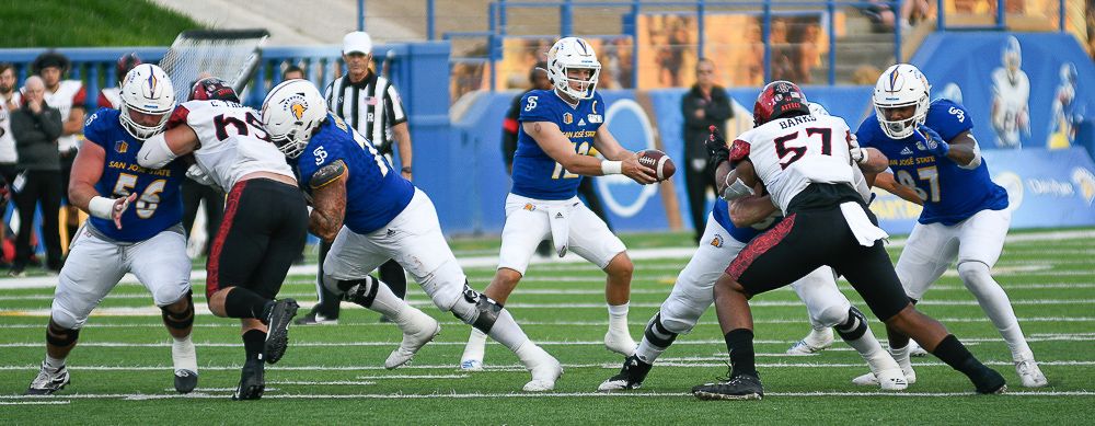 Quarterback Josh Love of San Jose State takes a snap vs San Diego State on 10/19/2019. Photo by Hammer Down Sports